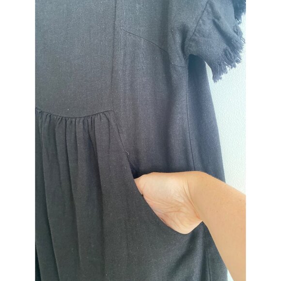 Umgee Black Linen Blend Fringe Hem Short Sleeve Tiered Dress With Pockets Size S - Picture 5 of 7